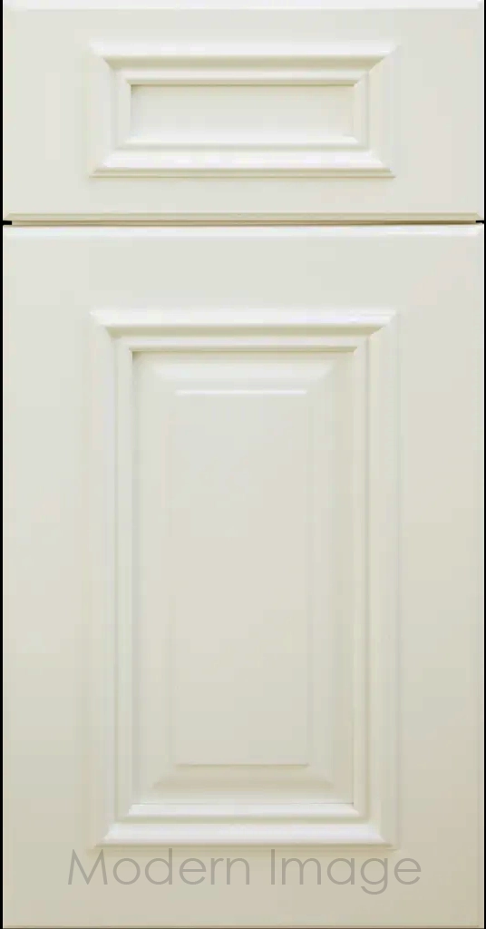 Hamilton cabinet door in Vanilla matte finish with double raised panel and mitered elevated molding.